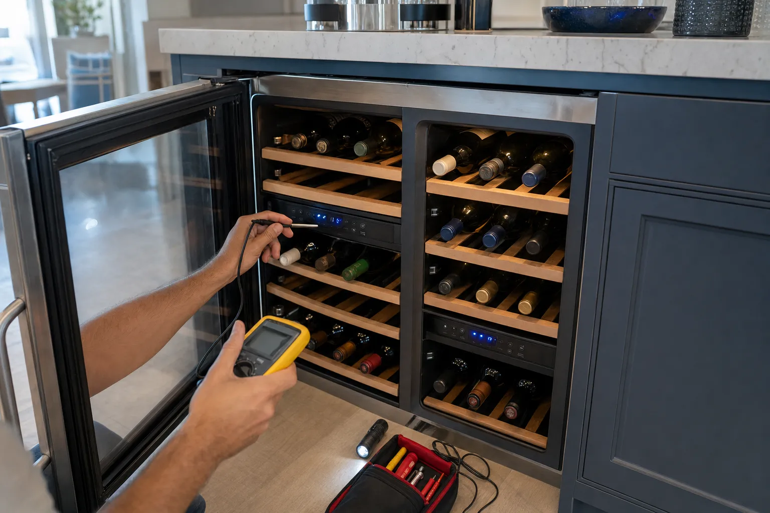 Meter probe at the control strip of a stocked dual-zone wine cooler with its glass door held open