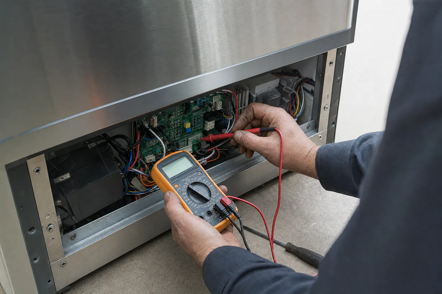 Meter probes on a control board in the open base of a stainless unit, wiring harnesses on either side